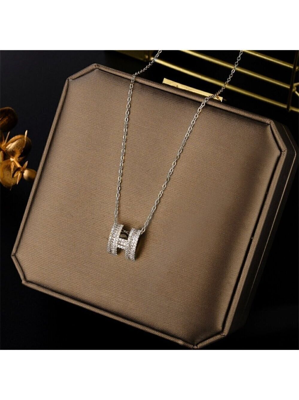 Stainless Steel Luxury H Pop Pendant Necklace, Simulated Diamonds